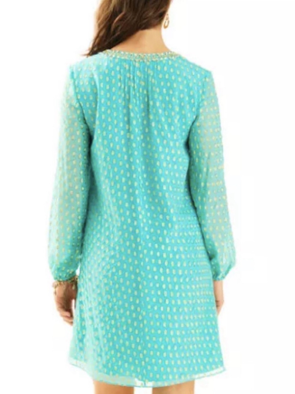 Lilly Pulitzer Colby Silk Mint Green Long-Sleeve Tunic dress with Gold Accents. - Picture 3 of 9